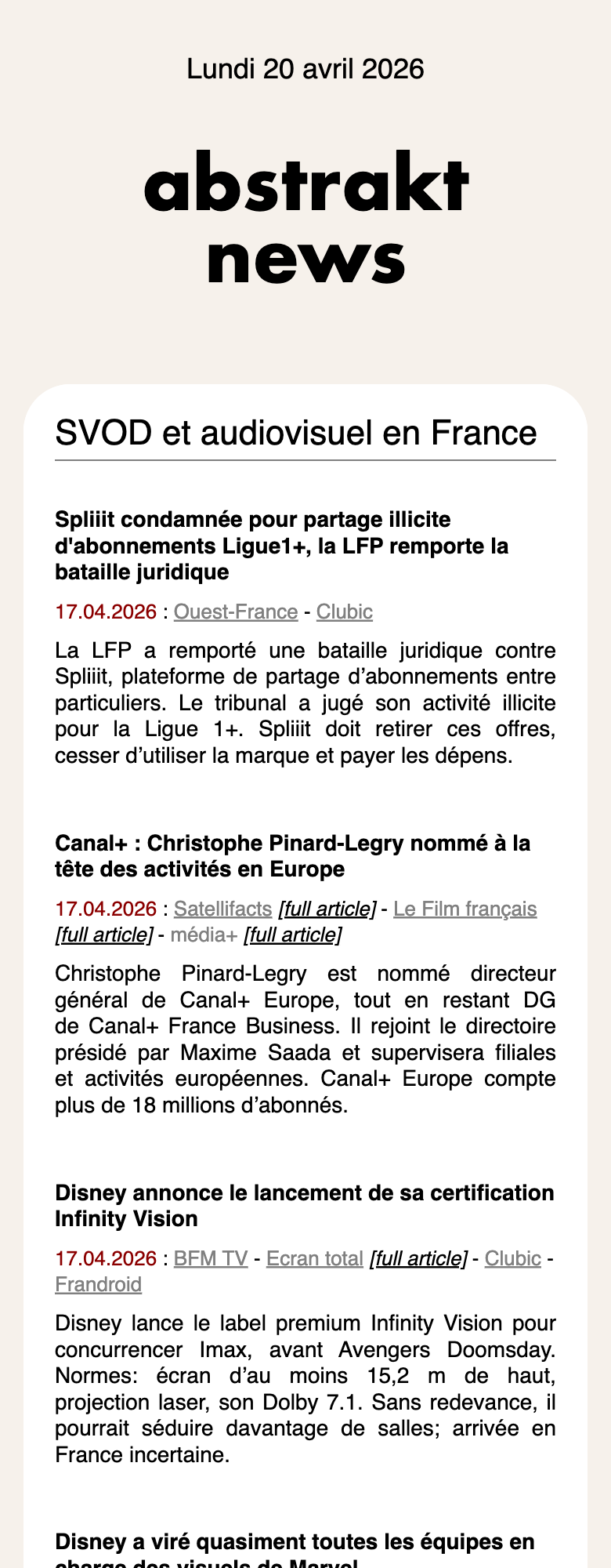 Revue de presse Abstrakt reçue par email sur mobile, section marché de l'audiovisuel, les articles regroupés par sujet