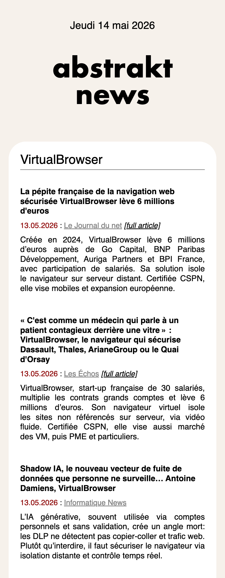 La revue de presse de VirtualBrowser reçue par email sur mobile, les articles regroupés par sujet